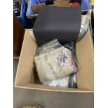 Box of various table cloths and other items