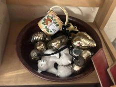 Bowl, various assorted ornaments, heart shaped decorations etc