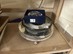 Mixed Lot: Barometer, silver plated tray and a small glass plaque