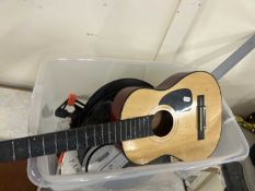 Box of various house clearance sundries, guitar etc