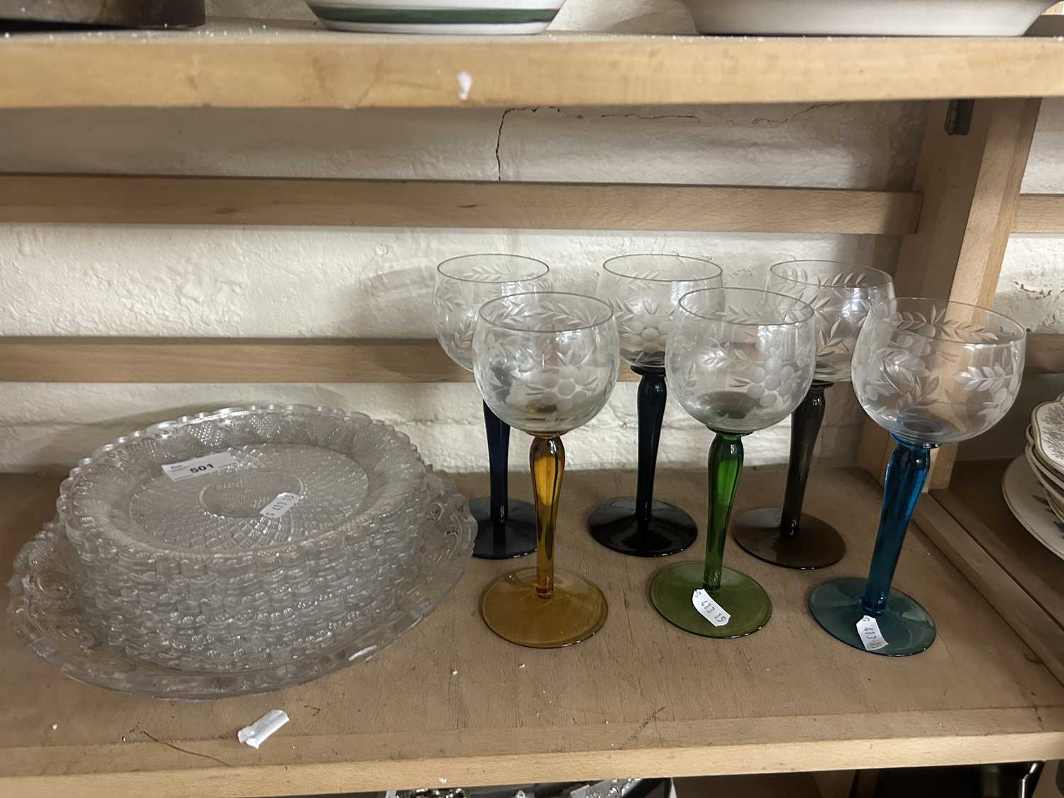 Mixed Lot: Pressed glass plates, mid Century hock glasses with coloured stems etc