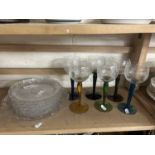 Mixed Lot: Pressed glass plates, mid Century hock glasses with coloured stems etc