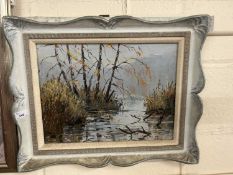 Oil on board study of a lakeside scene, indistinctly signed