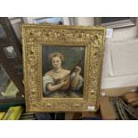 20th Century continental school study of a lady with mandolin, oil on board, gilt framed