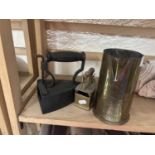 Mixed Lot: Vintage flat irons and a trench art brass jug