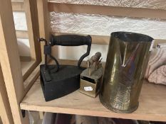 Mixed Lot: Vintage flat irons and a trench art brass jug