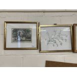 Small framed floral study together with a further coloured print The School House (2)