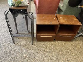 A pair of G-Plan mid Century teak bedside cabinets together with a folding spark guard (3)