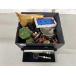 Box of various toy animals, cased magnifying glass, menu holders etc