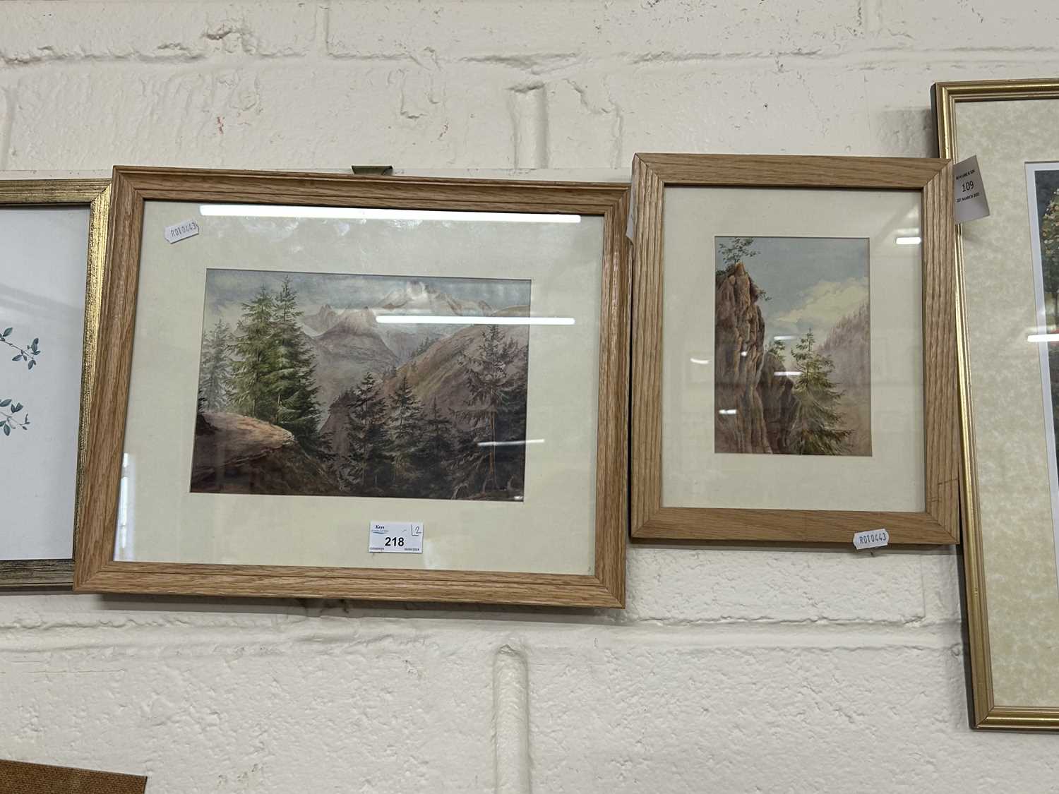 Two small watercolour studies, mountain landscapes with pine trees