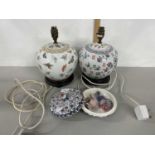 Two 20th Century Chinese pottery table lamps and a further covered dish (3)