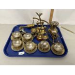 Tray of various assorted brass wares to include cups and saucers, beam scales, model rocking horse