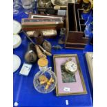 Mixed Lot: Desk stationery tidy box, group of miniature instruments, framed prints, bedside clock
