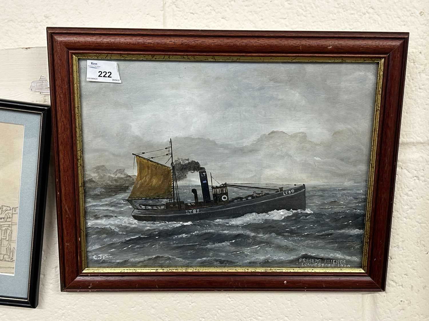 C.John, study of Lowestoft trawler Present Friends, oil on board, framed and glazed