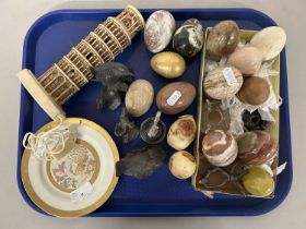 Tray of various items to include polished eggs, bronzed resin bird models etc