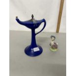 Cameleon ware Aladin type lamp by Clews & Co together with a Beswick Beatrix Potter figure Gemima