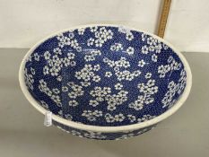 Large prunus pattern blue and white wash bowl