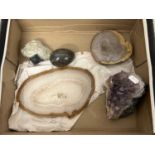 Mixed Lot: Various mineral samples and items comprising amethyst geode section, Cornish serpentine