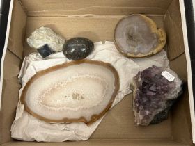 Mixed Lot: Various mineral samples and items comprising amethyst geode section, Cornish serpentine