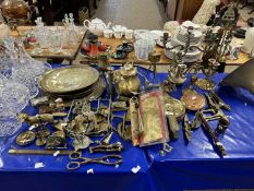 Large Mixed Lot: Various brass and copper wares to include candelabra, fire tools, serving trays,