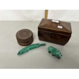 Mixed Lot: A sarcophagus formed tea caddy, for restoration, polished stone fish and rhino