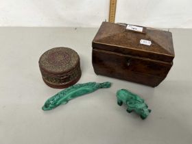 Mixed Lot: A sarcophagus formed tea caddy, for restoration, polished stone fish and rhino