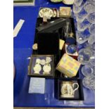 Mixed Lot: Rockingham Crystal champagne flutes, boxed paperweights, cribbage set and other