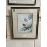 Andrew Osborne (British), a perched Wren in a winter landscape, signed, 7x10.5ins, framed and