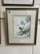 Andrew Osborne (British), a perched Wren in a winter landscape, signed, 7x10.5ins, framed and