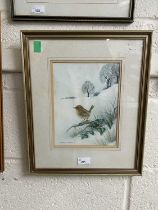 Andrew Osborne (British), a perched Wren in a winter landscape, signed, 7x10.5ins, framed and