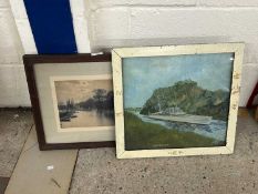 I P Gibson, study of HMS Norfolk, oil on board together with a framed photograph of a riverside