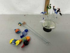 Mixed Lot: Glass wares comprising novelty glass cocktail sticks with bird finials, cocktail