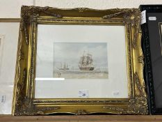 Gilt framed coloured print of moored ships