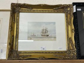 Gilt framed coloured print of moored ships