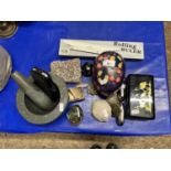 Mixed Lot: Various assorted polished mineral samples, pestle and mortar, used iPhone 4 and other