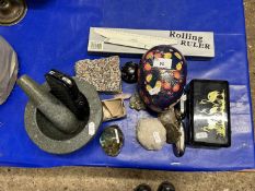 Mixed Lot: Various assorted polished mineral samples, pestle and mortar, used iPhone 4 and other