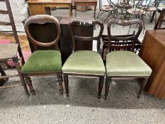 Three green upholstered Victorian dining chairs