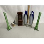 Mixed Lot: Pair of Art Glass Penguin vases, further pair of green glass vases, a John Beswick pigeon