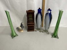 Mixed Lot: Pair of Art Glass Penguin vases, further pair of green glass vases, a John Beswick pigeon