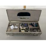 Small silver plated jewellery box containing various costume jewellery