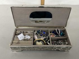 Small silver plated jewellery box containing various costume jewellery