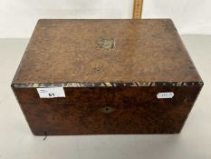 A Victorian burr walnut veneered and mother of pearl inlaid rectangular box, probably a former