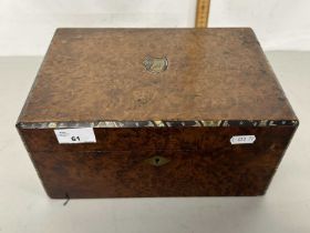 A Victorian burr walnut veneered and mother of pearl inlaid rectangular box, probably a former