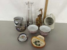 Mixed Lot: Glass vases, carved African ornaments, Highland pottery mug and other items