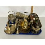 Tray of various assorted brass wares to include planters, watering can, ornaments etc