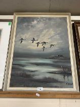 R.J. Scott (British), Geese over marshland, oil on board, signed,17.5x24ins, framed.