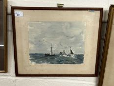 Study of a ship on rough seas, watercolour dated 1940, unsigned, framed and glazed
