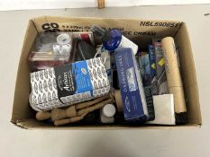 Box of various artists supplies, light meter, Harmonica etc