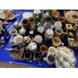 Large Mixed Lot: Various German beer steins, coffee grinder, place mats, modern mantel clocks and