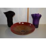 Two amethyst glass vases together with a further modern Art Glass fruit bowl (3)